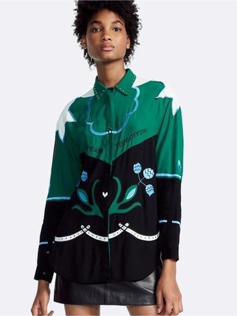 Maje Cloevi Shirt 2 Green Black Embroidered Western Studded Dream Tomorrow NWOT